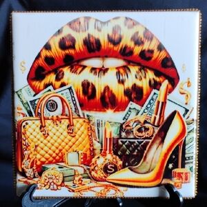 Hand Crafted Art with Leopard Lips and Gold Accents